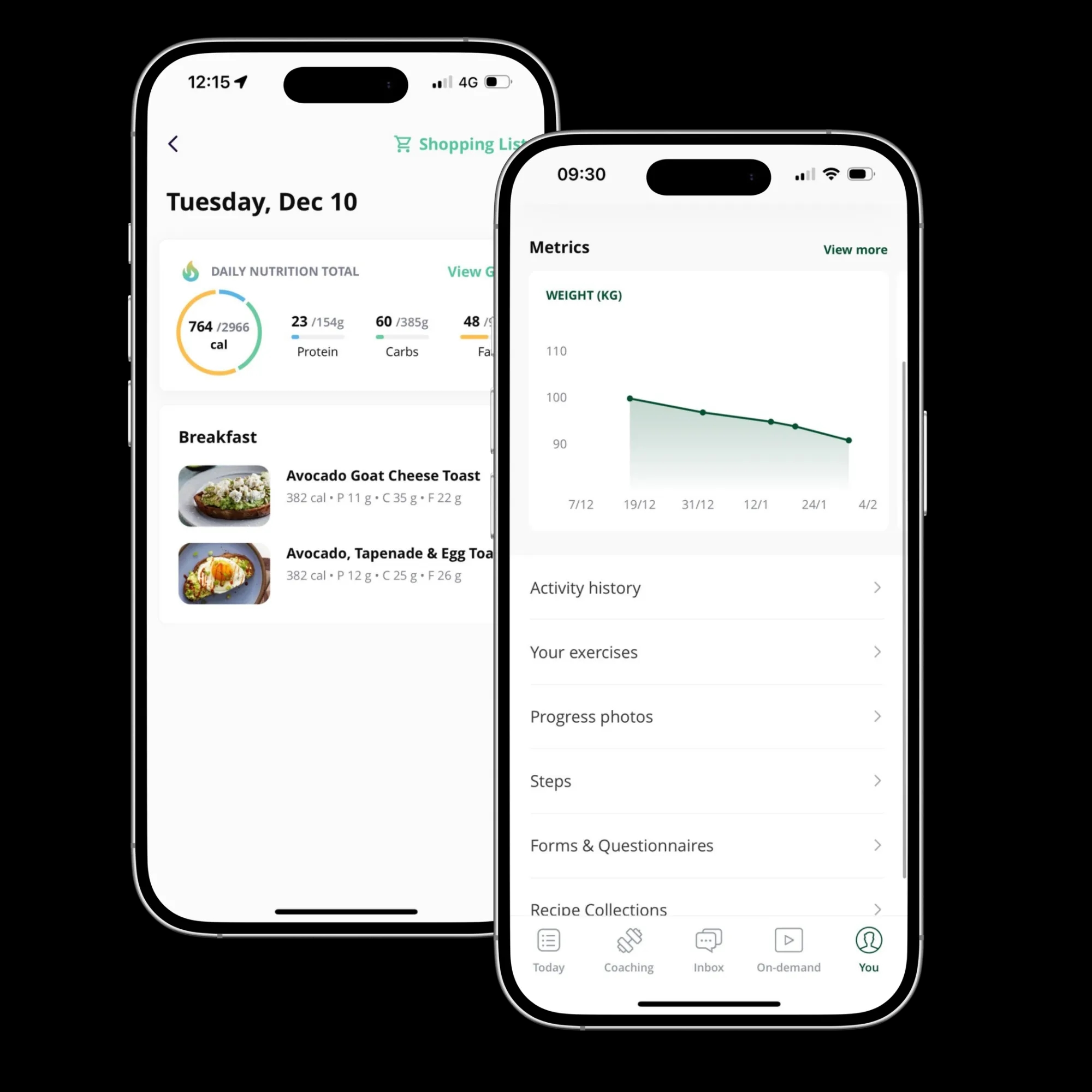 Examples of screens from the built around fitness mobile app
