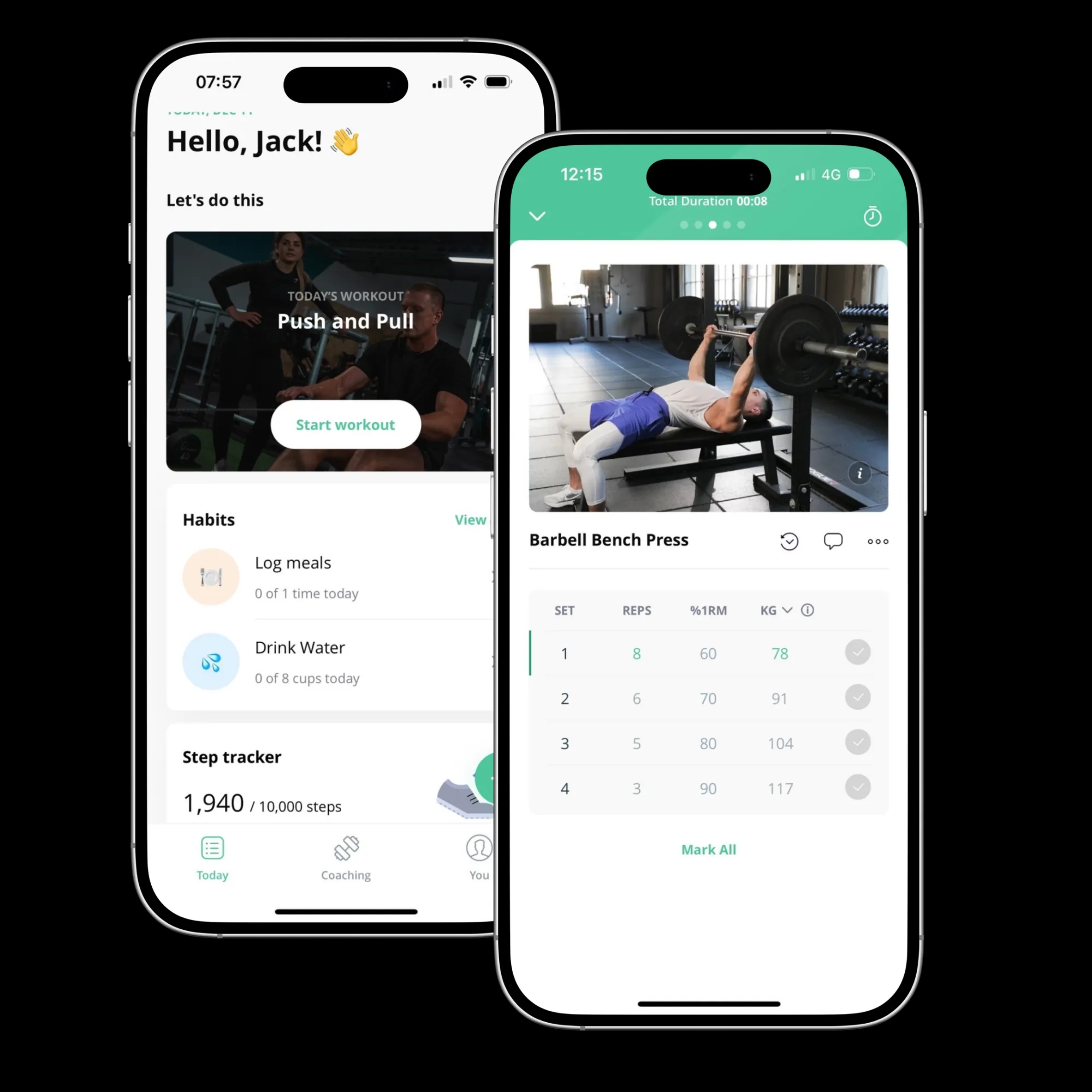 Screenshots from the Built Around Fitness mobile app. One showing the exercise and the other showing the workout.