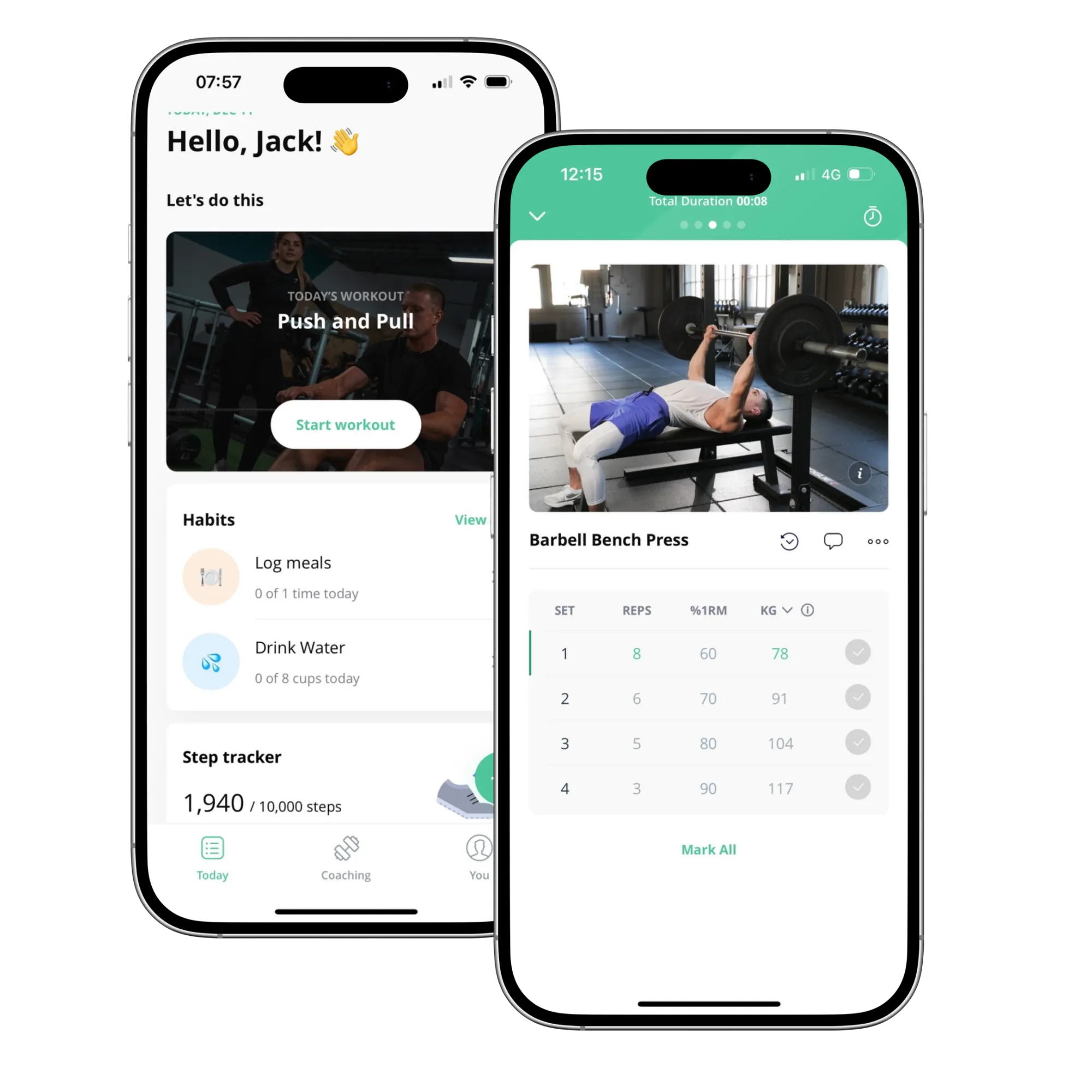 Screenshots from the Built Around Fitness mobile app. One showing the exercise and the other showing the workout.