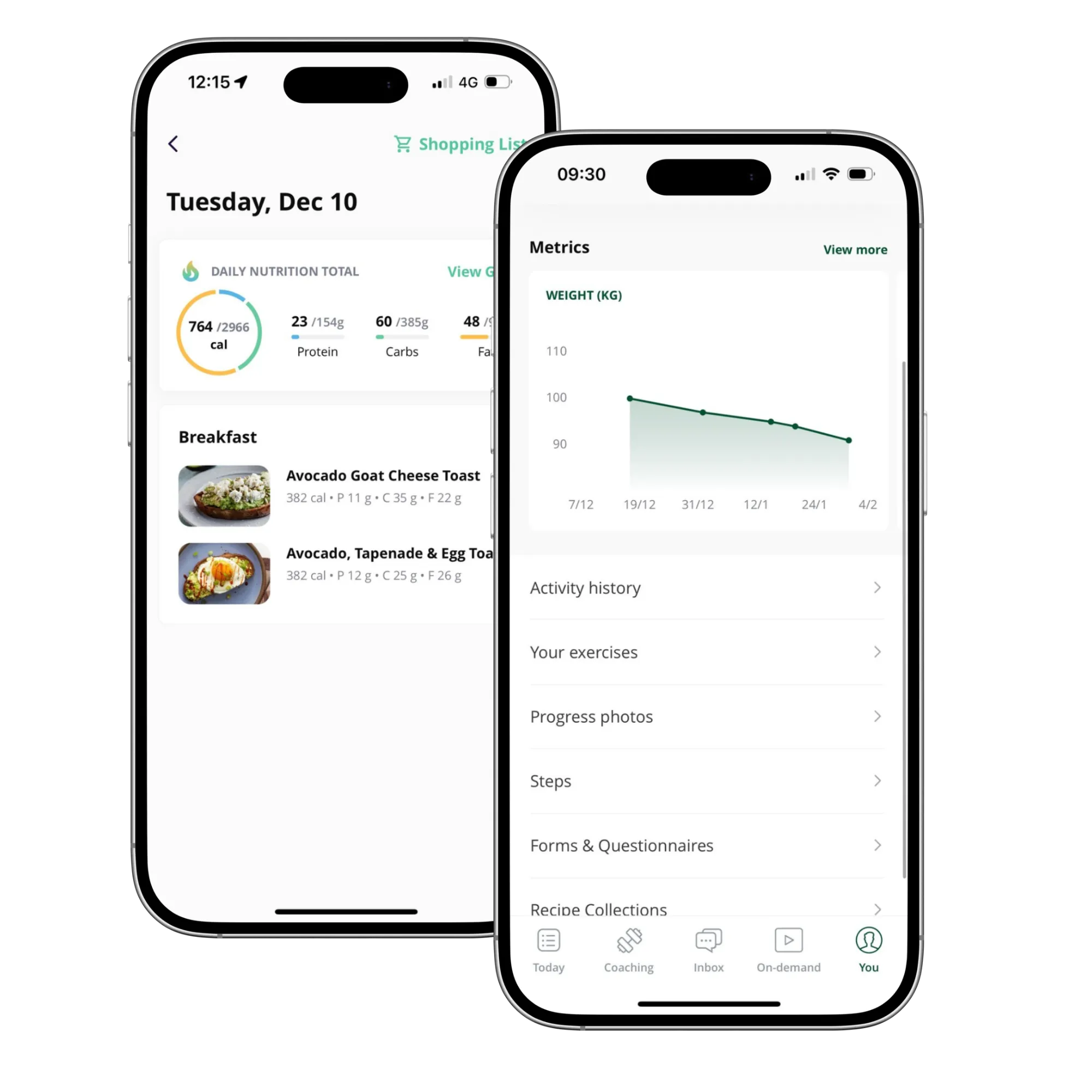 Examples of screens from the built around fitness mobile app